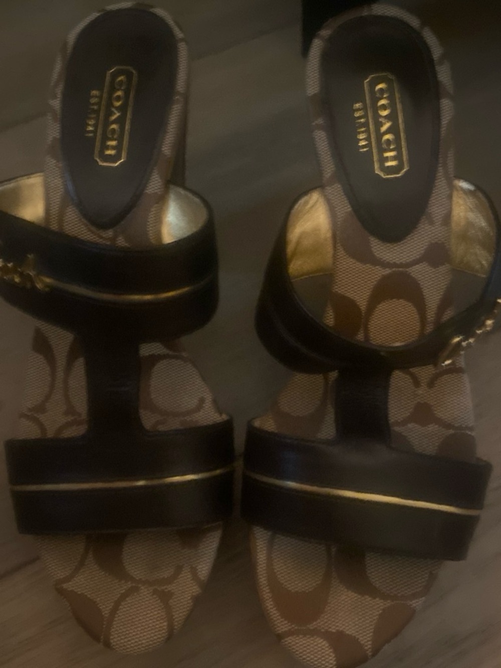 COACH Brown and Black Signature Platform Sandals